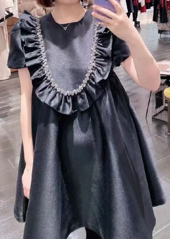 casual evening dressFrench Black Ruffled Zircon Cotton Mid Dress Summer