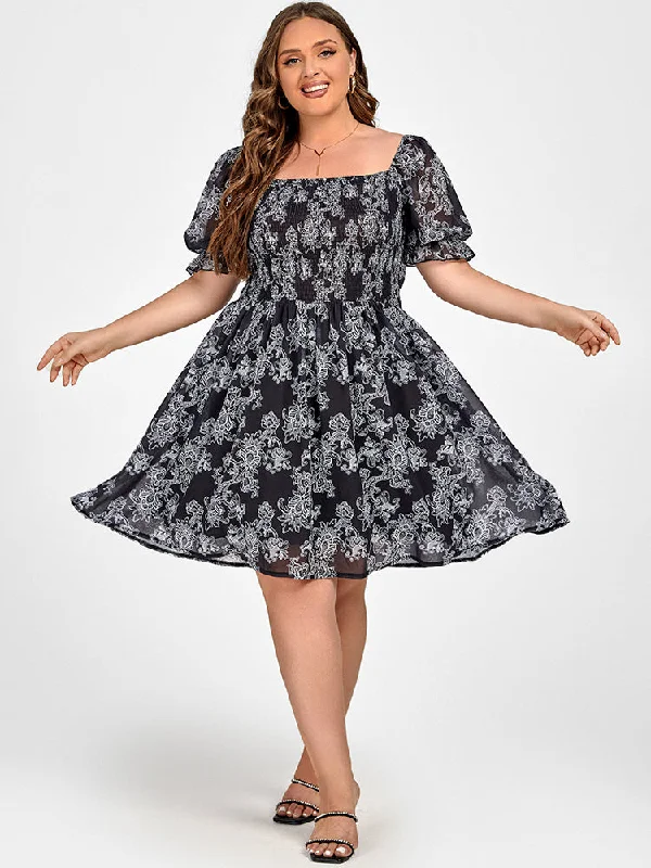 elegant evening dressPlus Black Floral Square Neck Puff Sleeve Midi Dress