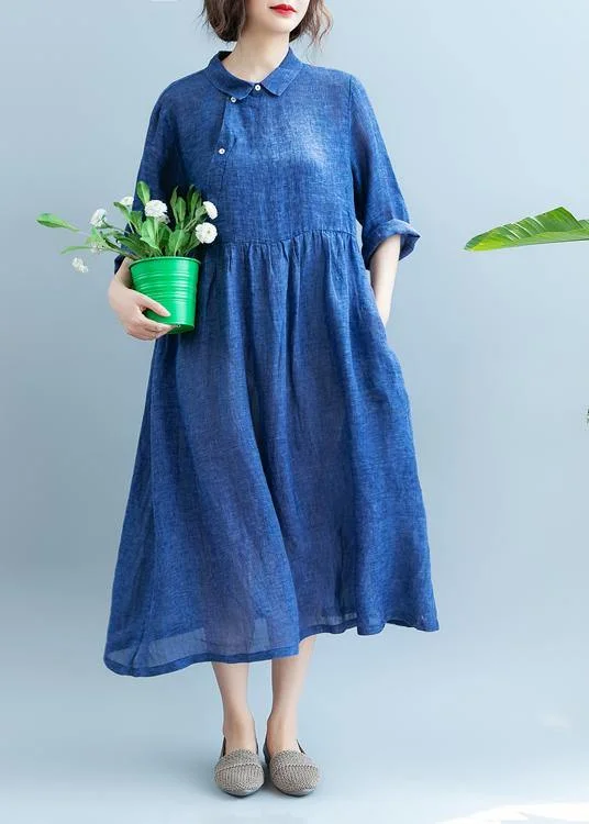 pleated maxi dressDIY Lapel cotton Summer Clothes For Women Fabrics Blue Dress