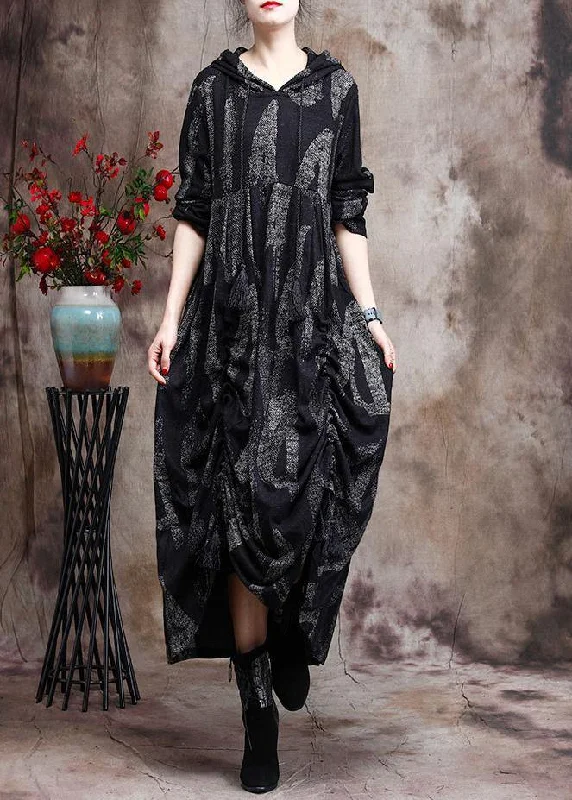 summer dressChic Hoodie Baggy Maxi Dresses Black Print Long Dresses