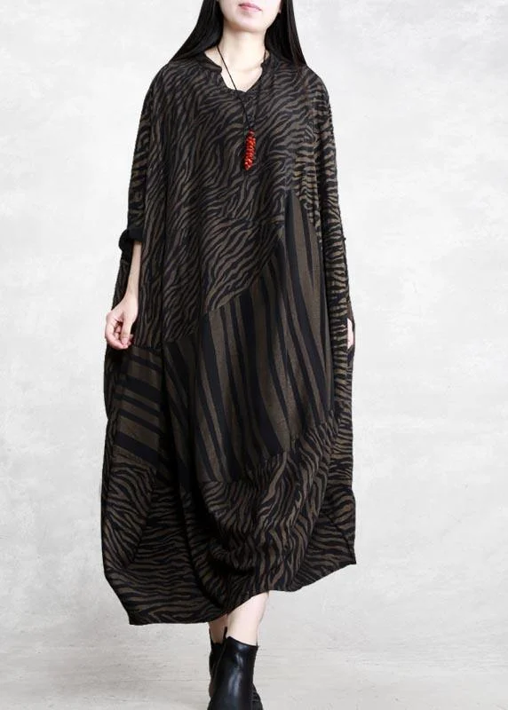 cocktail party dressHandmade V Neck Asymmetric Spring Clothes Work Chocolate Striped Robe Dress