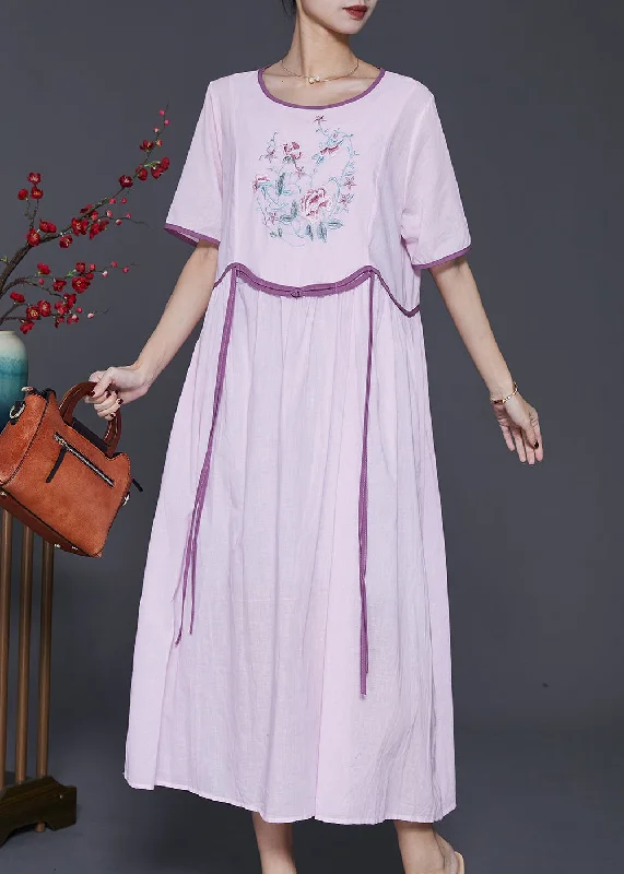 long-sleeve floral dressHandmade Purple Embroidered Patchwork Linen Long Dresses Summer