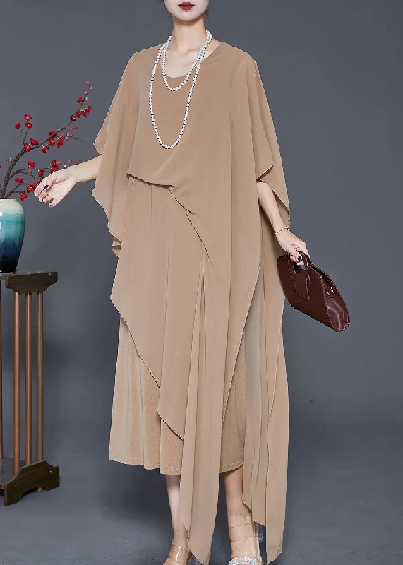 winter dressBoutique Khaki Asymmetrical Chiffon Long Dresses Cloak Sleeves