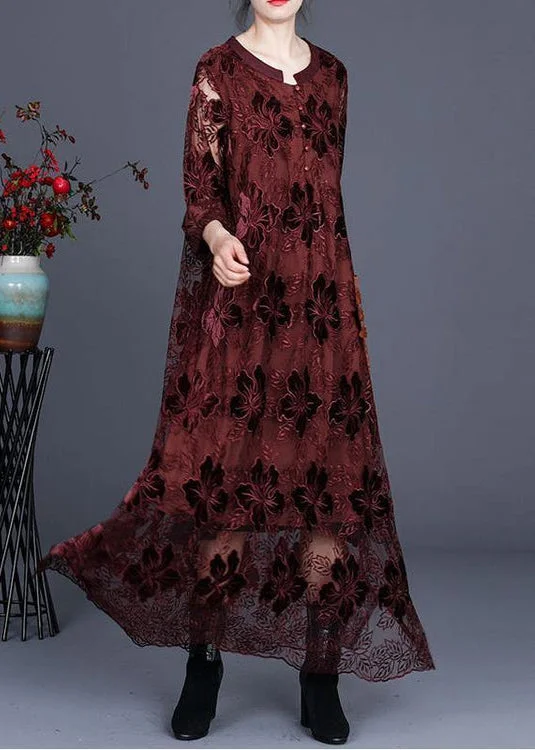 casual dressLoose Chocolate Long Lace Dress O Neck Maxi Dress