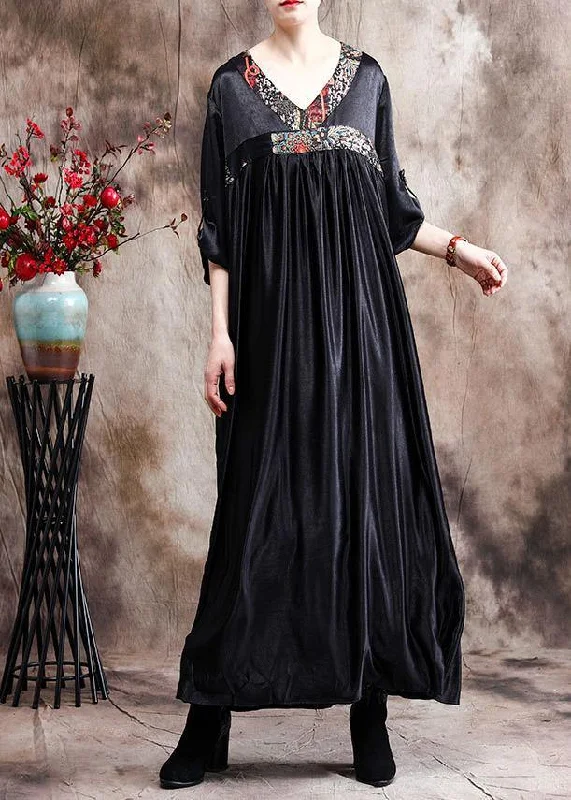 modern dressNatural Black Oversize Caftans Gown V Neck Patchwork Baggy Dress