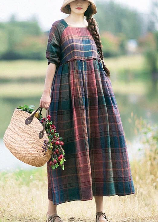 casual knit dressChic Red Plaid Clothes For Women Wrinkled Robe Spring Dress