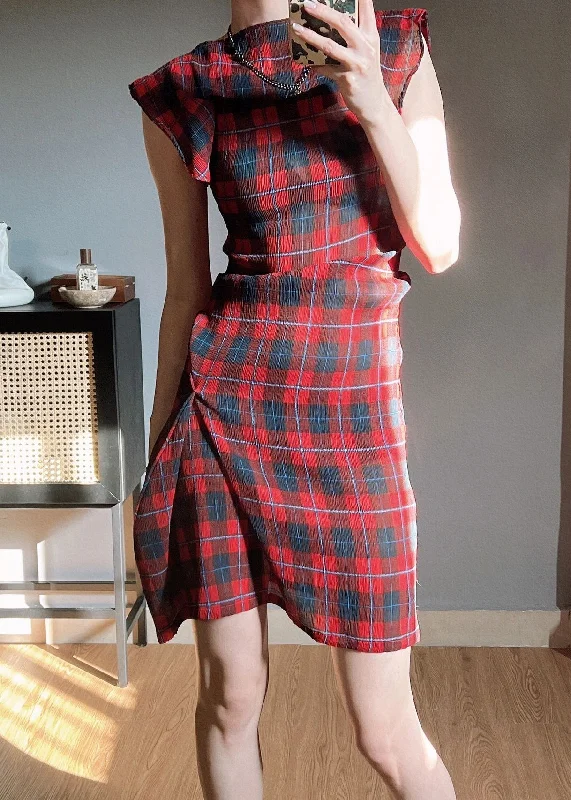 velvet dressOriginal Red Plaid O Neck Wrinkled Chiffon Dress Butterfly Sleeve