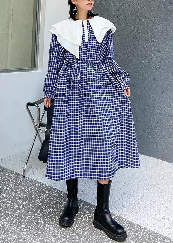 playful dressBeautiful Ruffled tie waist cotton fall clothes Outfits blue plaid Plus Size Dress