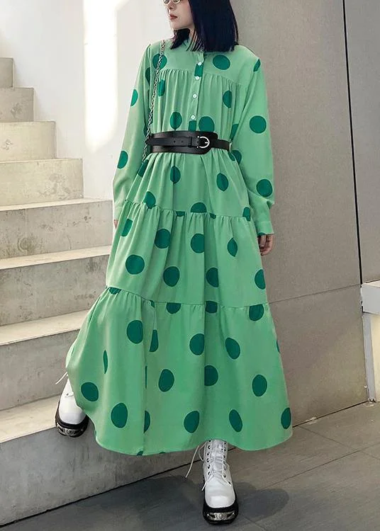 winter dressStylish Green Dot Button Long sleeve Dress Spring