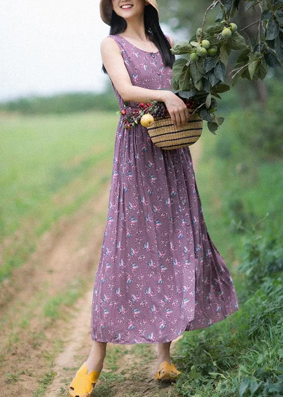 backless dressUnique Purple Print Dresses O-Neck Button Summer Sleeveless Dress