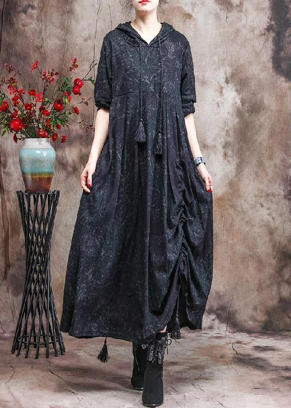 fitted dressUnique Dark Green Print Outfit Hoodie Dress Asymmetric Maxi Dress