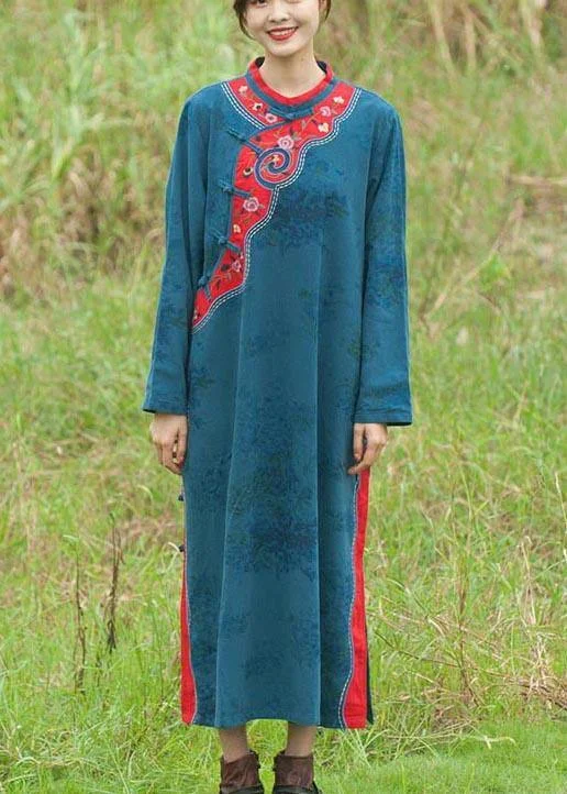 comfy maxi dressChic Stand Collar Spring Tunics Pattern Blue Embroidery Long Dresses