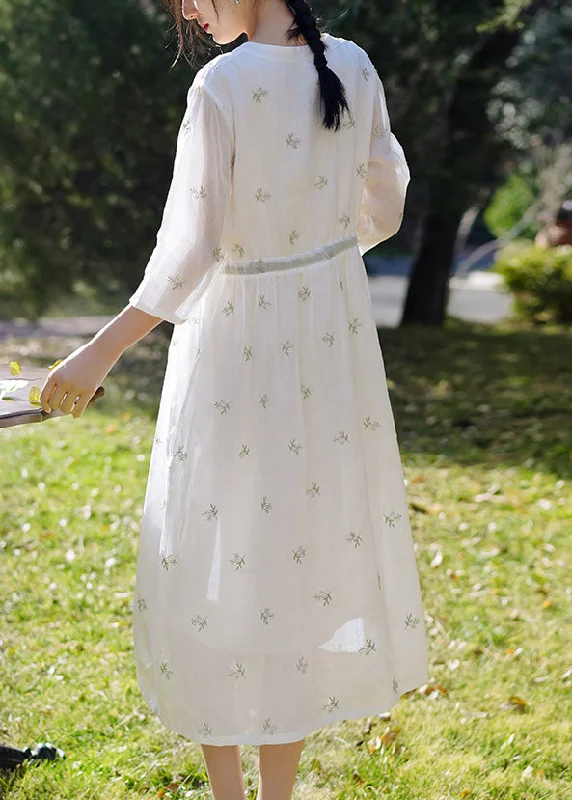 pleated maxi dressElegant White Embroidered Button Linen Dress Spring