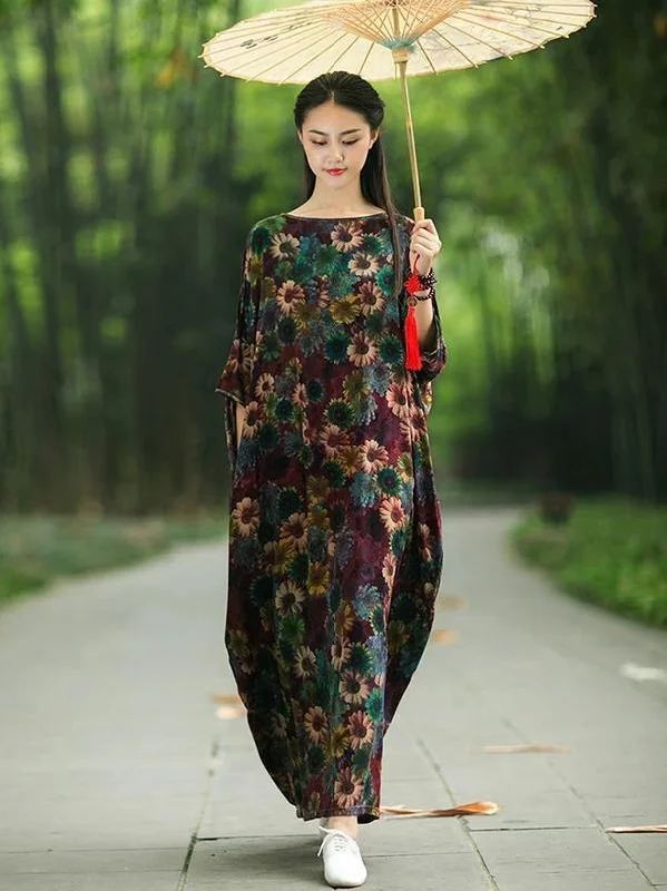 flowy maxi dressFrench floral cotton Long Shirts Slash neck Batwing Sleeve Maxi Dress