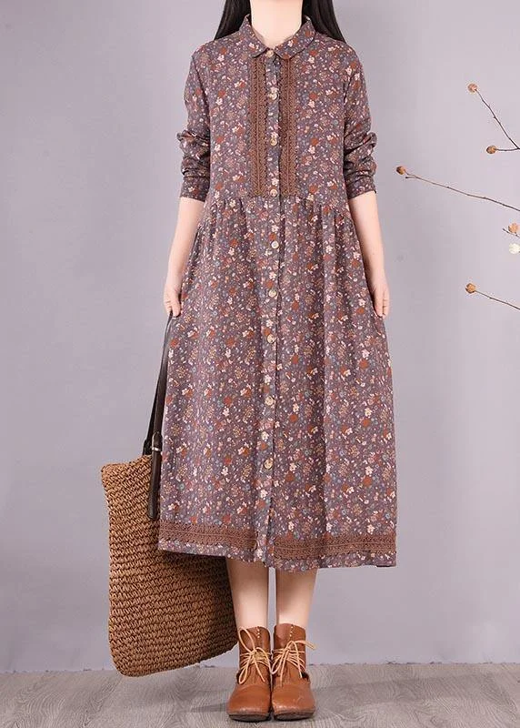 classic fit-and-flare dressChic Lapel Lace Spring Quilting Dresses Catwalk Purple Print Long Dresses