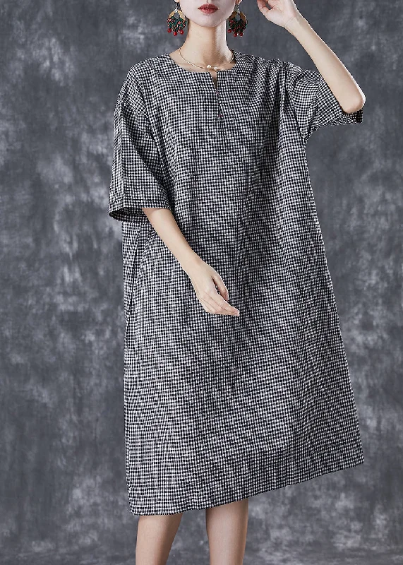 sleek midi dressPlus Size Black Oversized Plaid Cotton Maxi Dresses Summer