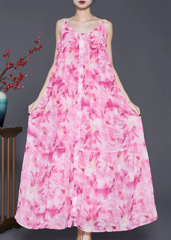 satin dressClassy Pink Ruffled Print Chiffon Spaghetti Strap Dress Summer