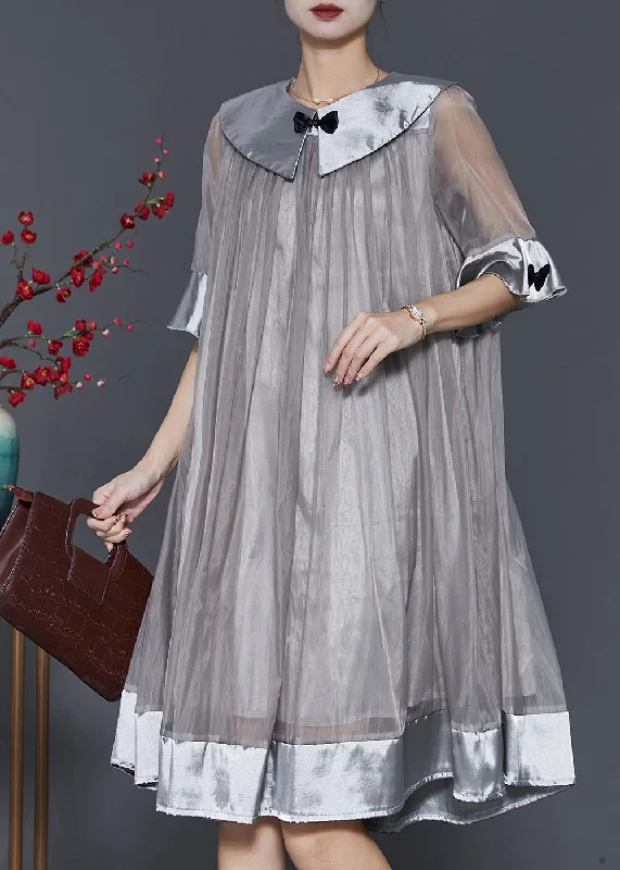 sleeveless dressWomen Grey Patchwork Bow Tulle Robe Dresses Summer