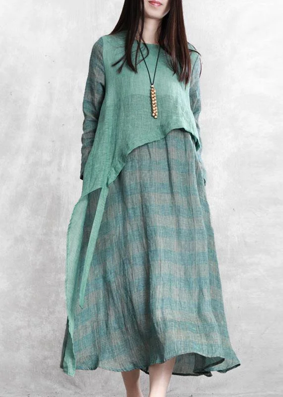 relaxed fit dress100% green plaid tunic top o neck asymmetric Maxi fall Dresses