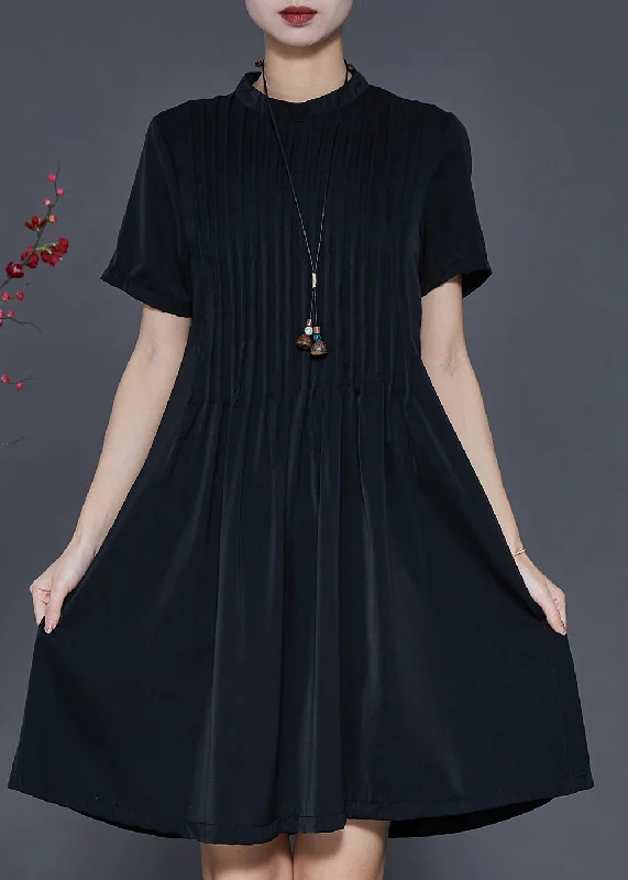 cocktail dressElegant Black Stand Collar Wrinkled Cotton Dress Summer