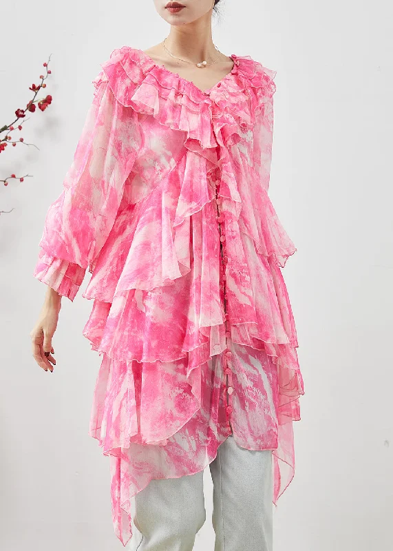 sleek midi dressClassy Pink Asymmetrical Tie Dye Chiffon Dress Summer