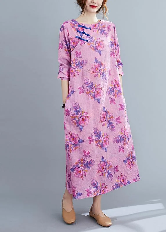 chic wrap dressBohemian O Neck Chinese Button Spring Pattern Purple Print Loose Dress