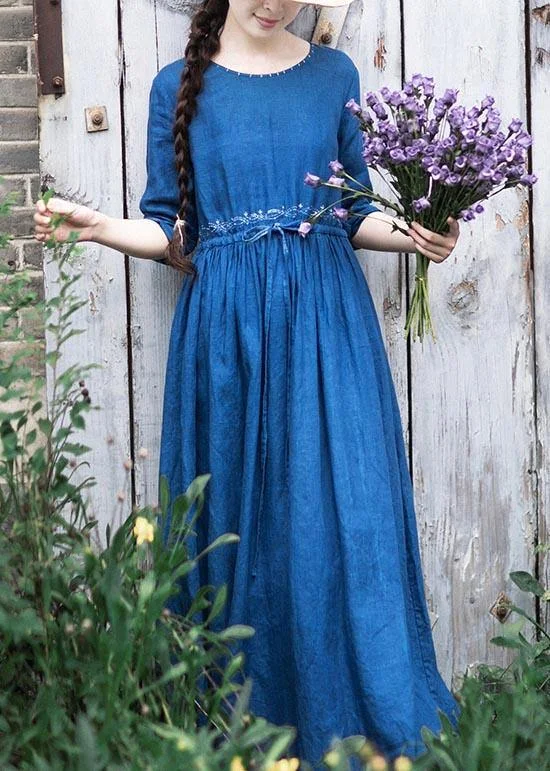 stylish dressWomen O Neck Drawstring Spring Tunic Runway Blue Long Dresses