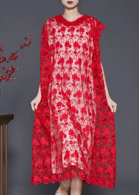 floral wrap dressStyle Red Ruffled Embroidered Hollow Out Tulle Dress Summer