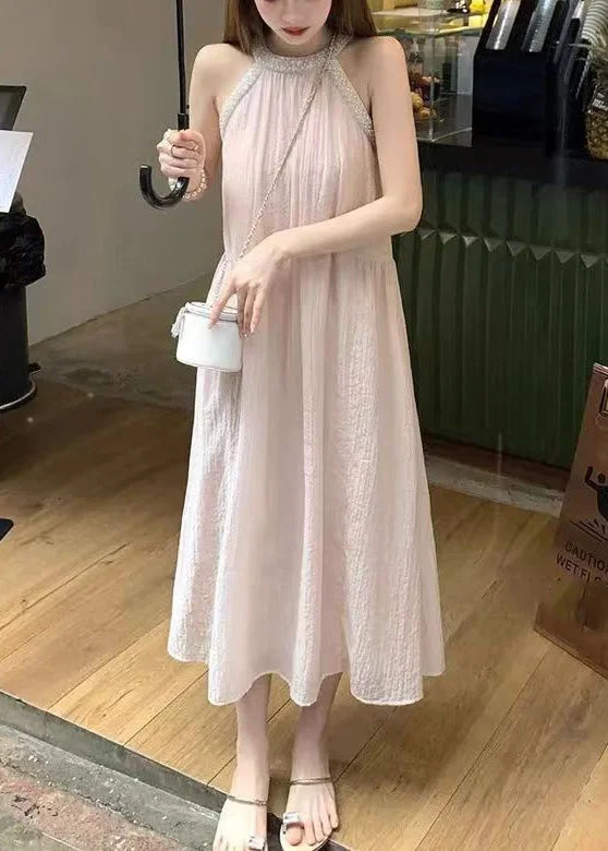 vintage-inspired dressFashion Pink Cold Shoulder Halter Cotton Long Dress Summer