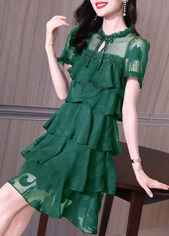 playful dressClassy Green Ruffled Button Patchwork Chiffon Mid Dress Summer