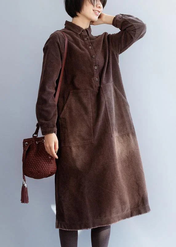 textured dressWomen brown cotton Wardrobes side open Robe lapel collar Dresses