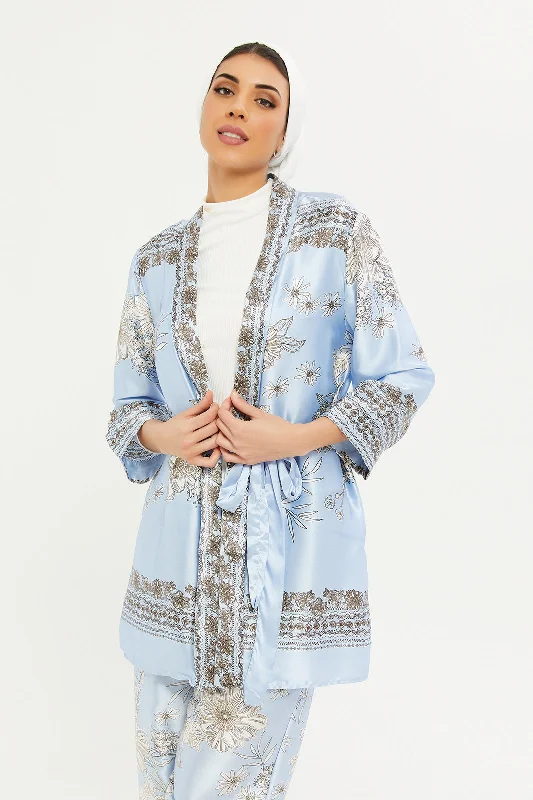 Women Blue Printed Belted Cardigan