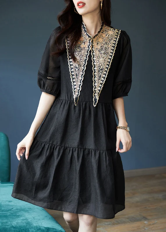 playful dressWomen Black Patchwork Cotton Mid Dress Puff Sleeve