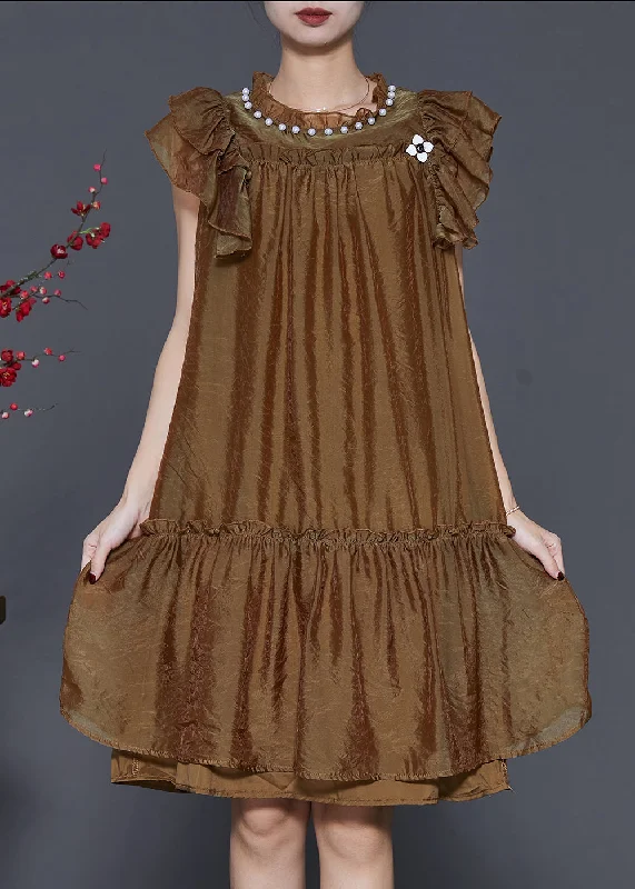 casual knit dressStylish Brown Nail Bead Ruffled Silk Vacation Dress Summer