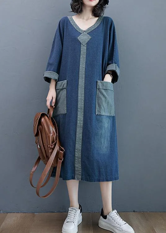 vintage dressFrench O Neck Patchwork Spring Dresses Outfits Denim Blue Robe Dresses