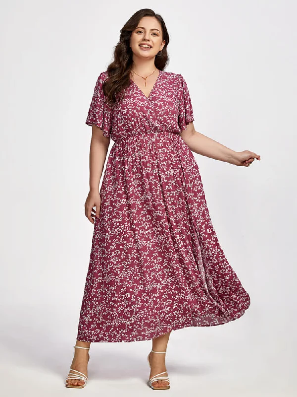 vintage-inspired dressPlus Floral V-Neck Elastic Waist Pocket Flutter Sleeve Maxi Dress