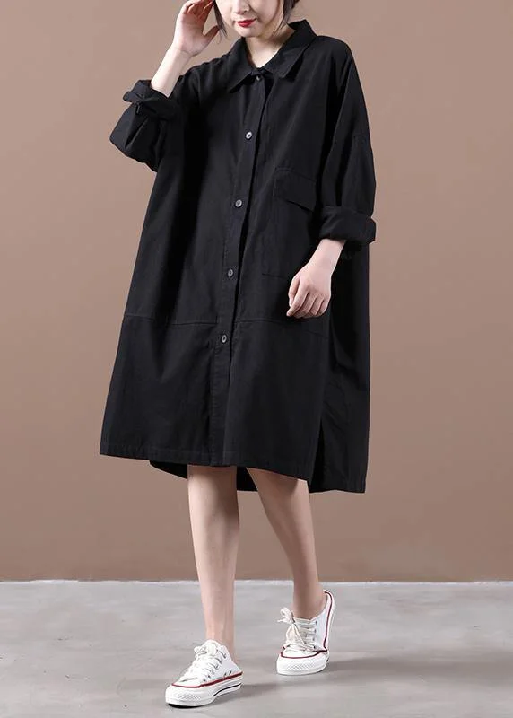 vintage-inspired dressStyle black dress lapel side open loose spring Dress