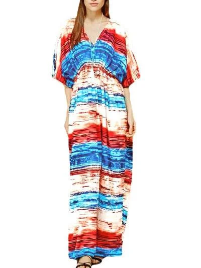 off-the-shoulder dressJuliaFashion-Multicolored Tie Dye Print Kaftan Maxi Dress