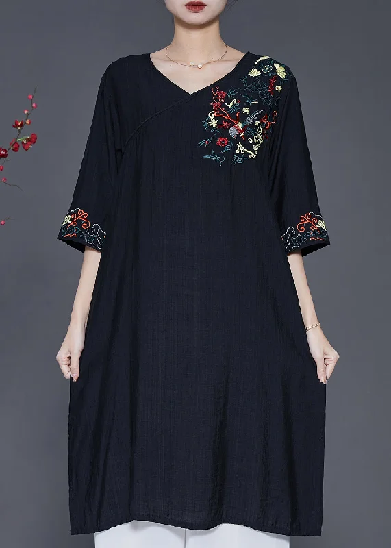 spaghetti strap dressBeautiful Black Embroidered Oversized Linen Dress Summer