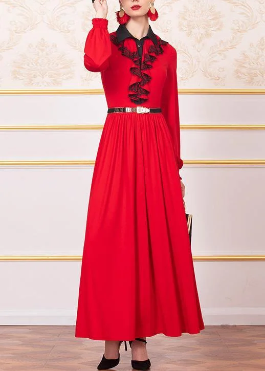 satin dressLoose ruffles cotton POLO collar dresses Wardrobes red Robe Dress