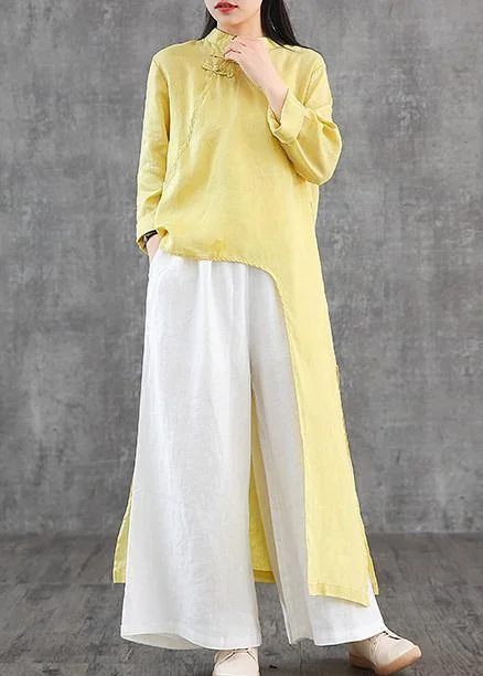 wool dressWomen stand collar asymmetric linen Wardrobes Inspiration yellow Dress