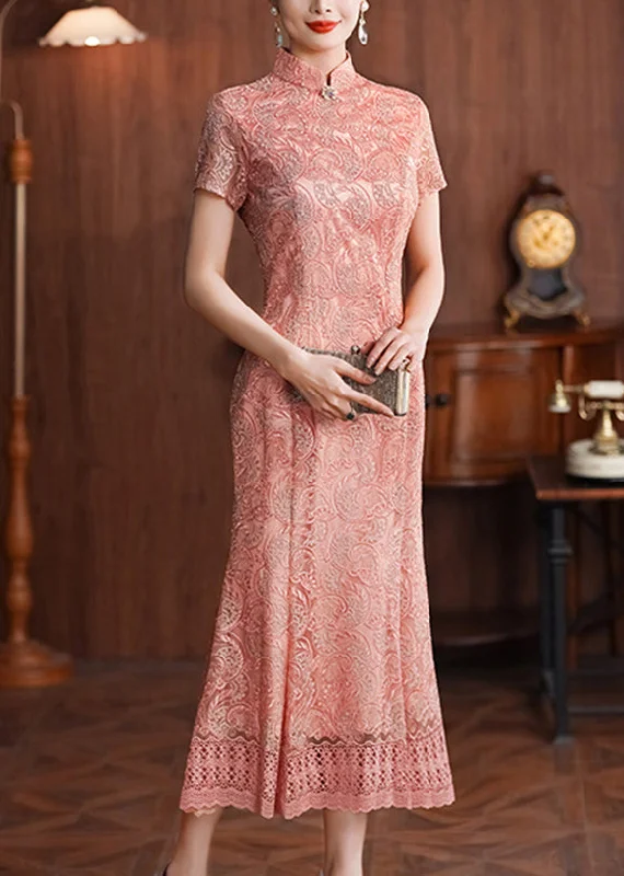 textured dressClassy Pink Stand Collar Lace Patchwork Long Dresses Summer