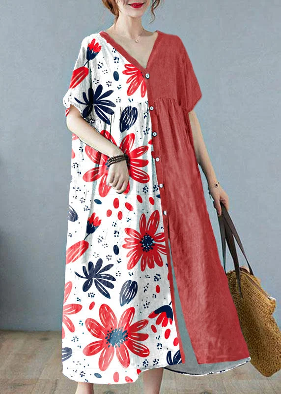 t-shirt dressPlus Size Red flower Retro Button Summer Print Half Sleeve Maxi Dress