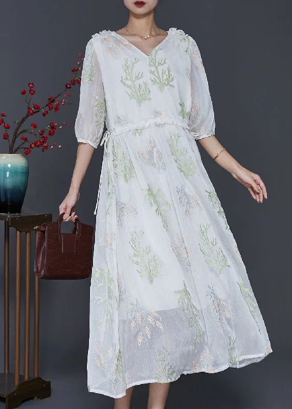 puff sleeve dressFine White Embroidered Silk Cinched Dress Summer