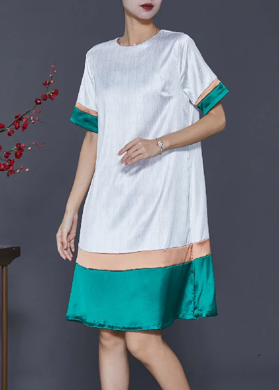 casual dressFrench White O-Neck Patchwork Silk Dress Summer