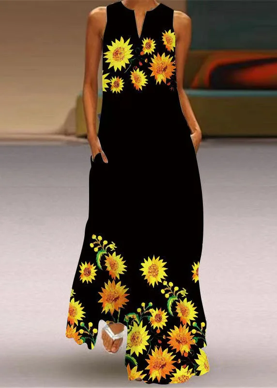 mini dressStyle Yellow Print Pockets Maxi Dress Summer