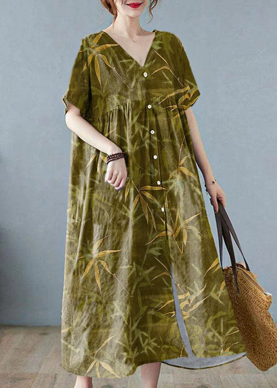 vintage-inspired dressPlus Size Green bamboo Retro Button Summer Print Half Sleeve Maxi Dress