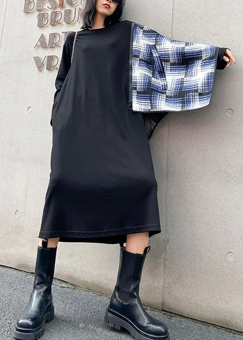 oversized dress100% black Wardrobes o neck pockets plaid Maxi fall Dress