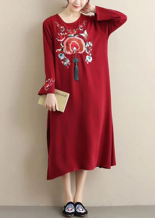 form-fitting dressUnique Burgundy Embroidery Tunic Pattern O Neck Tassel Spring Dress