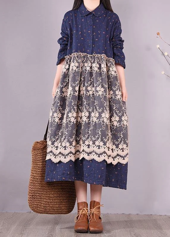 knit dressUnique Blue Print Dresses Patchwork Lace Kaftan Spring Dress